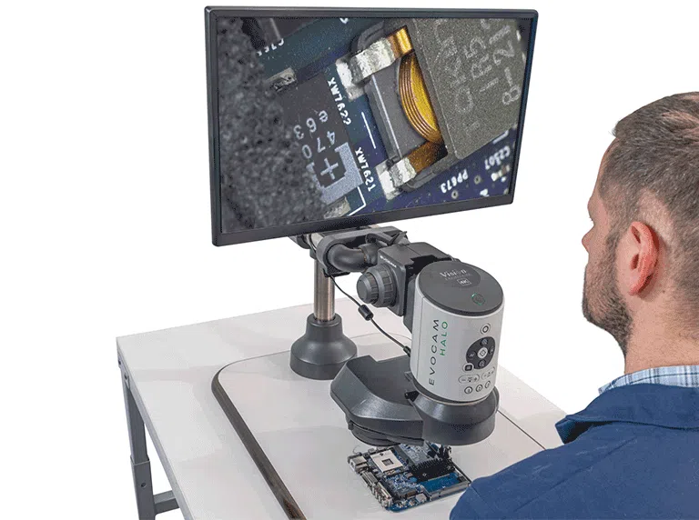 EVO Cam HALO on a Multiaxis Mount inspecting a PCB